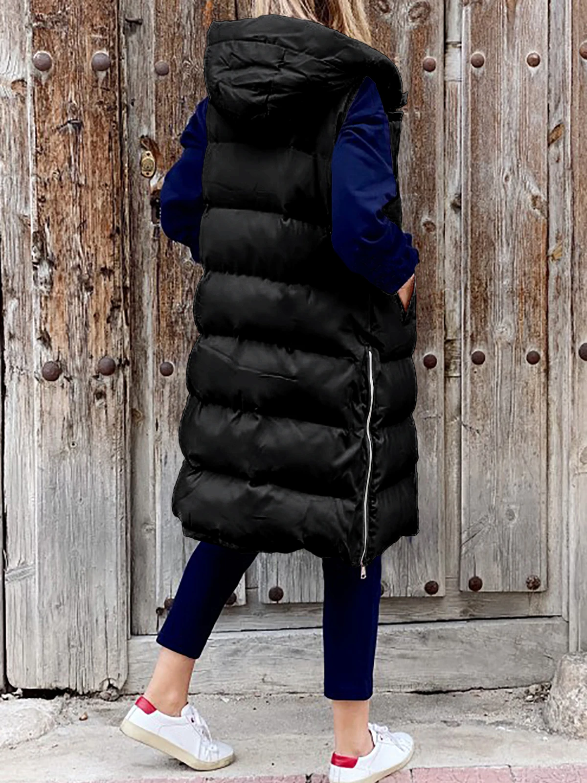 Puffer Jacket Women Sleeveless Vest Long Coat Female Outerwear Autumn Zip Up Cotton Padded Parka Quilted Waistcoat Hooded Coat