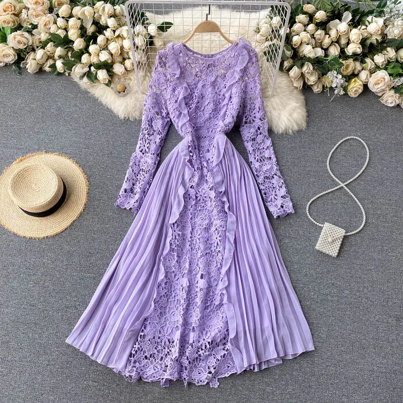 Spring Elegant Lace Patchwork Long Chiffon Dress O Neck Slim Long Sleeved A-line Ruffles Calf Long Dress Purple Green