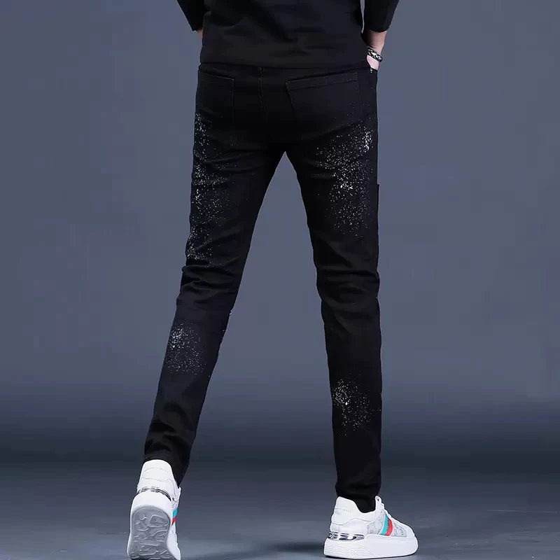 Autumn Black Ripped Patch Jeans Men Streetwear Plaid Patchwork Pants Fashion Star Printed Casual Stretch Slim Fit Denim Trousers