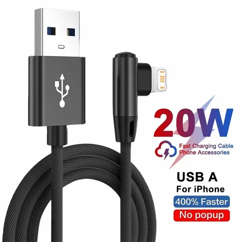 Фото USB-кабель для быстрой зарядки с углом 90 градусов для iPhone 11/12/13/14/XS/X/XR/6/6S/7/8, игровой зарядный кабель, 1 м/2 м/3 м, прочный качество A + №5