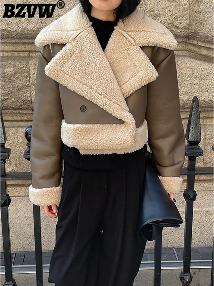 

BZVW 2023 Autumn Winter New Fashion Designer PU Wool Patchwork Short Coat Women's Office Lady Temperament Vintage Jacket Female
