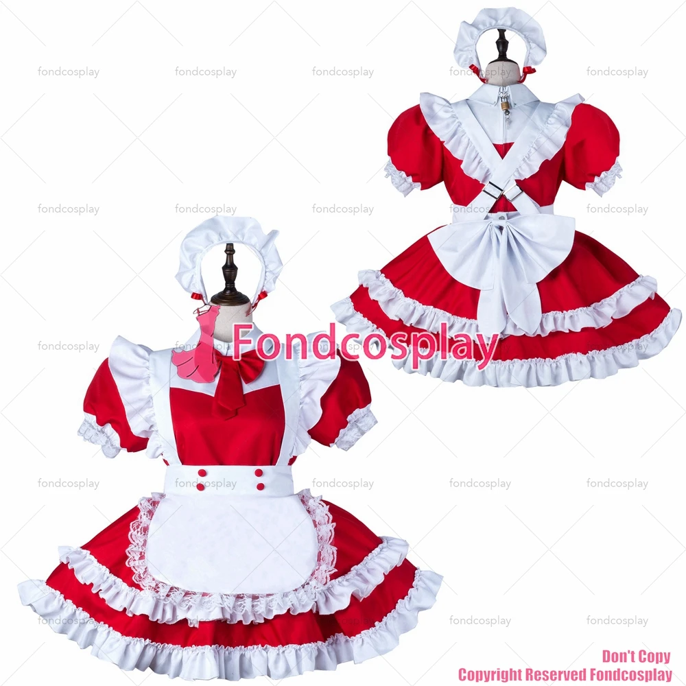 

fondcosplay adult sexy cross dressing sissy maid short red cotton dress lockable Uniform white apron costume CD/TV[G2248]