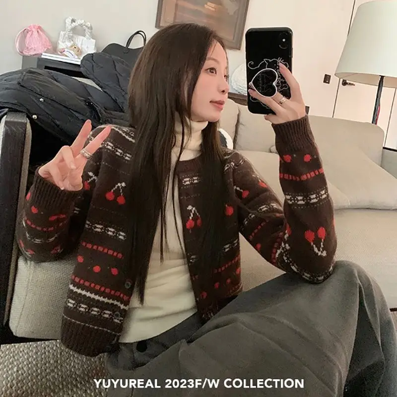 Gaganight женский ретро контрастный вишневый жаккардовый вязаный кардиган 2024