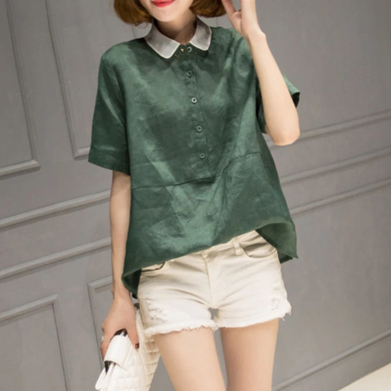 

Lucyever Vintage Cotton Linen T-shirts for Women Casual Loose Peter Pan Collar Tshirt Woman Summer Short Sleeve Shirts Tops 2022