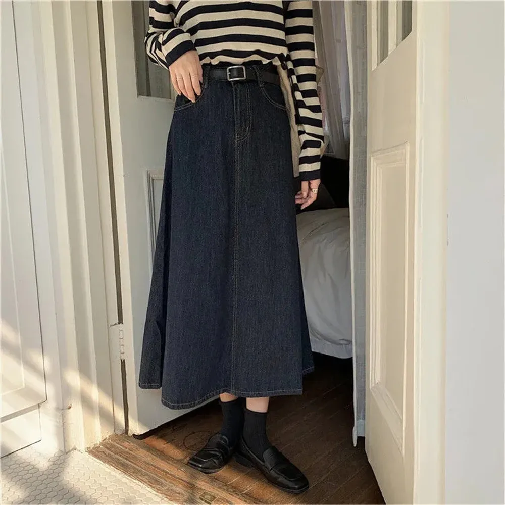

Y2k Jeans Skirts Women Black Empire Solid Casual Denim All-Match Ulzzang Stylish Popular College Girls Summer A-Line Long Skirts