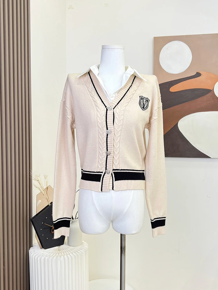 

Женский трикотажный кардиган с воротником-поло, свободный трикотажный кардиган контрастных цветов в винтажном стиле, Y2K, Осень-зима 2023