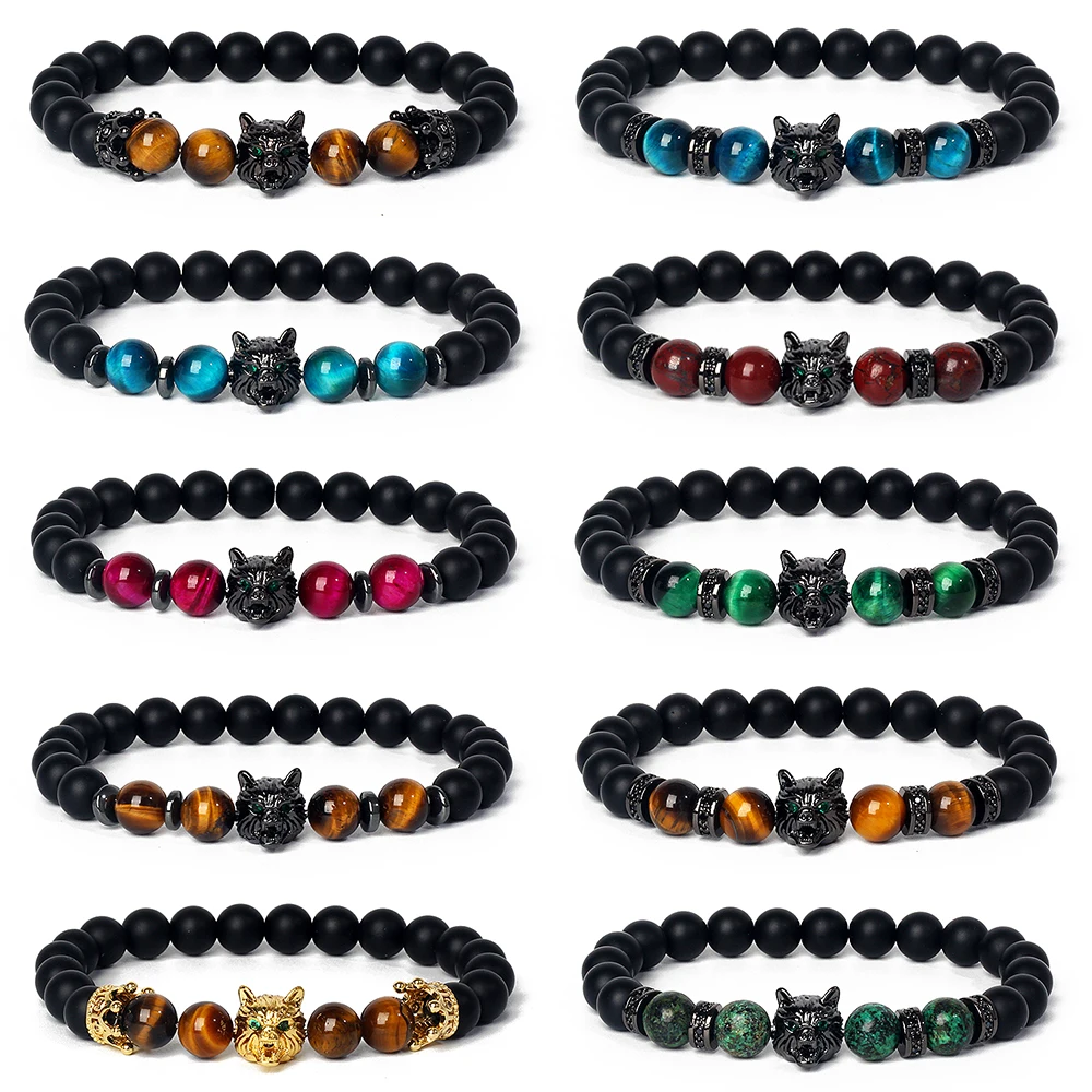 

Punk Wolf Charm Bracelets Men Natural Stone Tiger Eye Lava Beads Bracelets Women Brave Wolf King Crown Elastic Jewelry Pulsera