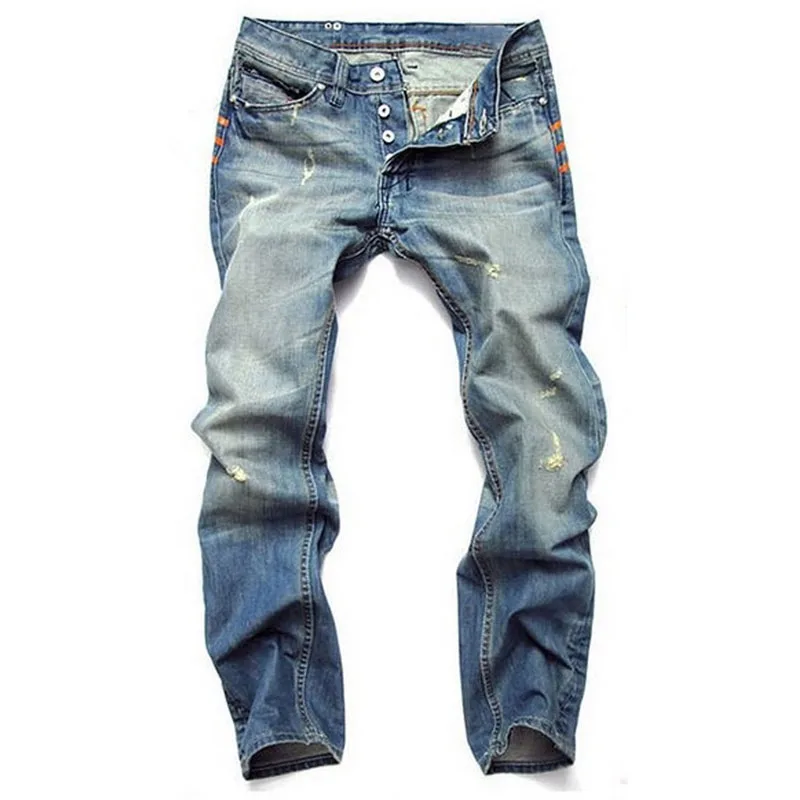 Men Biker Jeans Fashion Button Fly Male Denim Pants New Design Ripped Casual Trousers Light Blue Straight Slim Jeans for Men