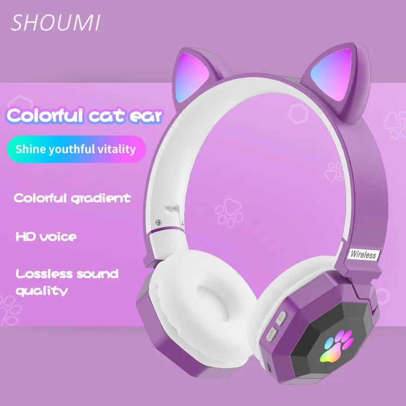 

RGB Cat Ear Headphone Headsets Stereo Bass Cat Earphone Bluetooth 5.0 Flashing Kid Headset with Mic for Girls Music Helmet Gifts