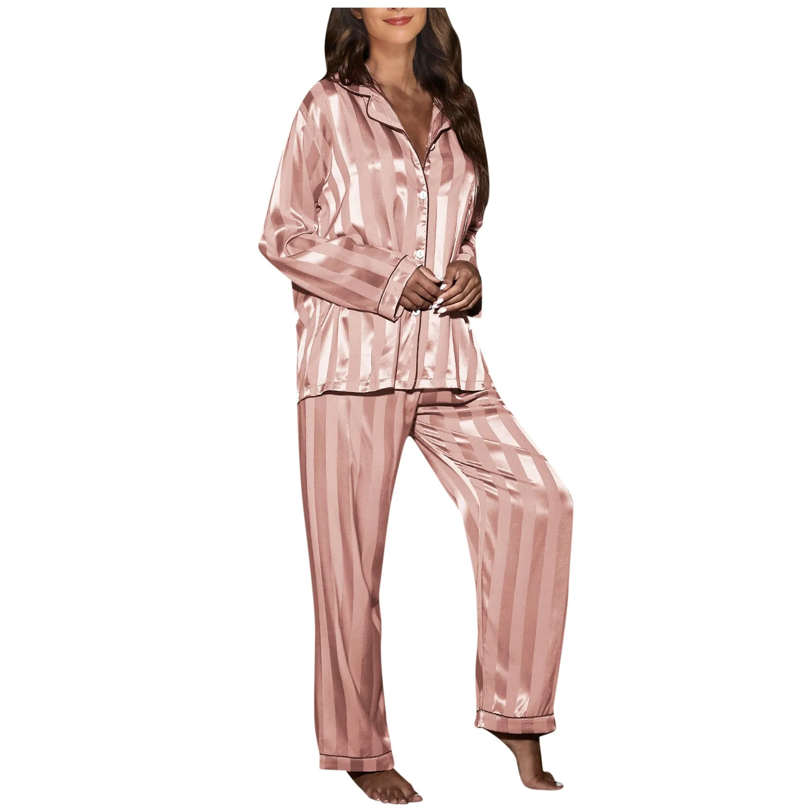 

Women'S Wide Strip Home Service Set Sleep Cardigan Long Sleeve Set Nightwear Grid Stripe Luxury Ice Silk Pajamas 2 Piece Set