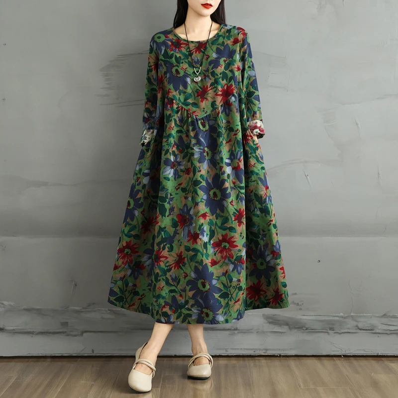 Весны/лета 202 хлопковое льняное платье в стиле ретро с круглым вырезом и