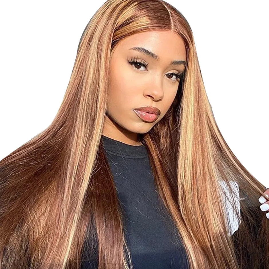 Highlight Straight Lace Front Human Hair Wigs For Women 4X4 Lace Closure Wig 4/27 Ombre Brazilian Straight Lace Wigs