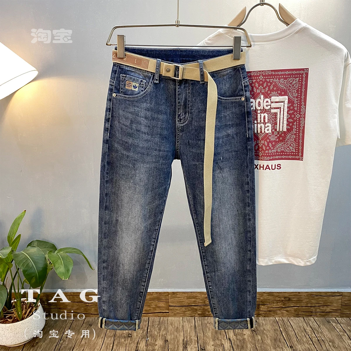 Seasonal Men's Jeans Trousers Embroidered Letter Slim Fitting Cotton Elastic Plaid Luxurious High Street Denim Pants Red Ear 024