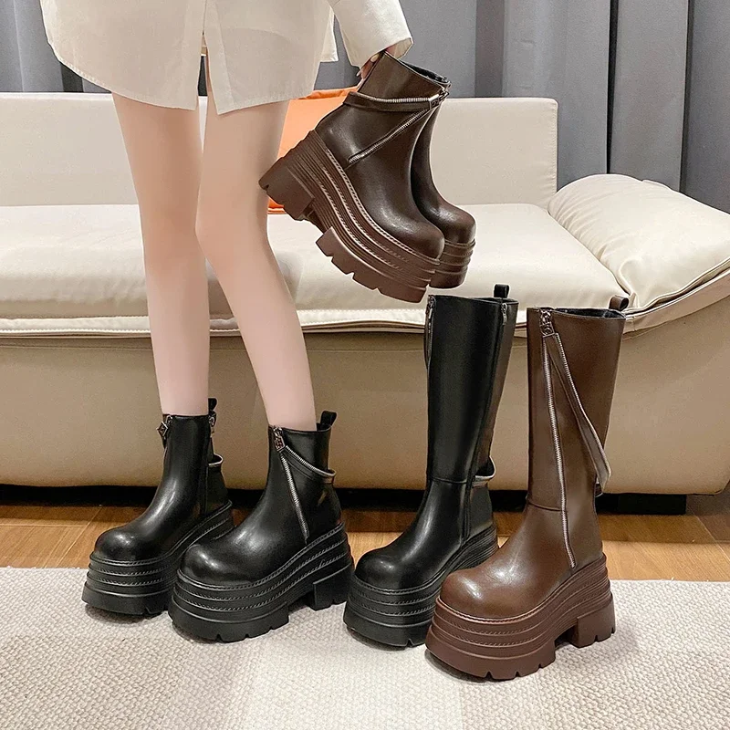 Женские мотоциклетные ботинки с толстой подошвой в форме пирамиды