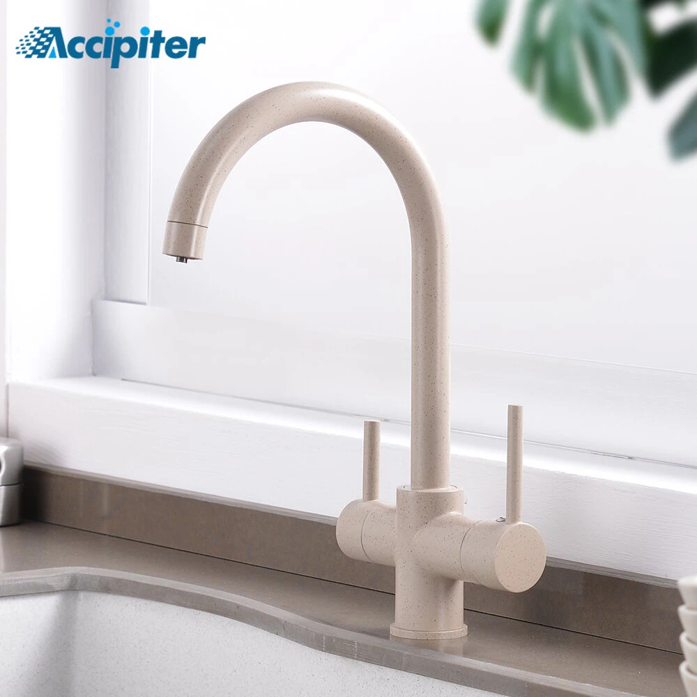 

Kitchen Filtered Faucet Beige with Dots Brass Purifier Faucet Double Sprayer Drinking Water Tap Curved Sink Mixer Tap 360 Degree