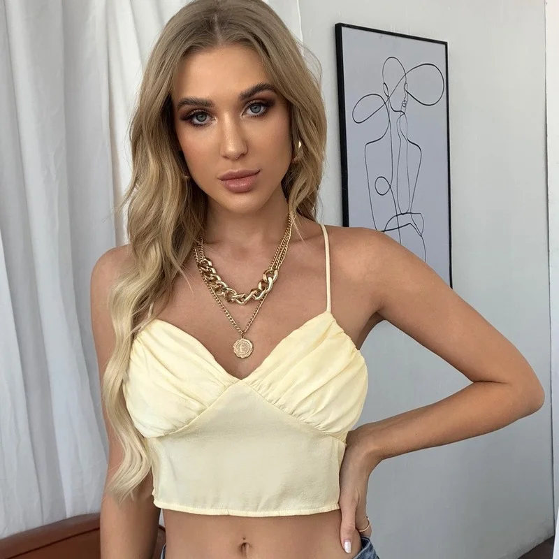 

Women's Tube Top Halter Backless Crop Top Tanks and Camis New Arrivals Solid Pleated Blouse Women's Clothing Summer 2022 Fashion