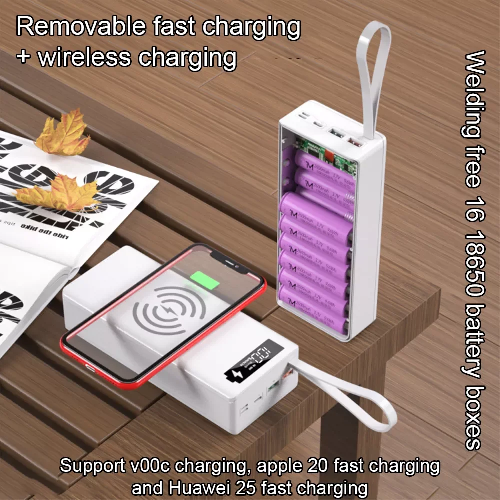

16*18650 Battery Charger Box Power Bank Holder Case Dual USB LCD Display Support Quick & Wireless Charger Battery Shell Stor