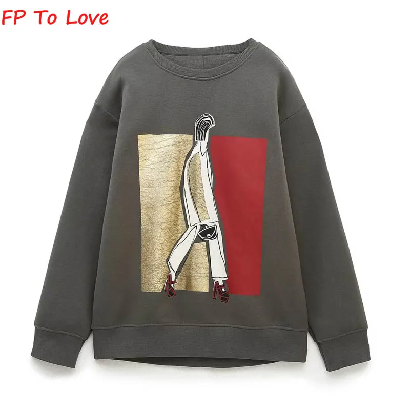 

Casual Gold Cartoon Hoodies Grey Pullovers Campus Student O-Neck Long Sleeves Streetwear Woman PB&ZA Female 0264482