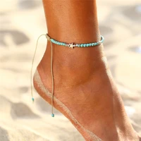 huitan bohemia style blue beads anklet bracelet for women delicate shell star charm barefoot foot chain accessories boho jewelry
