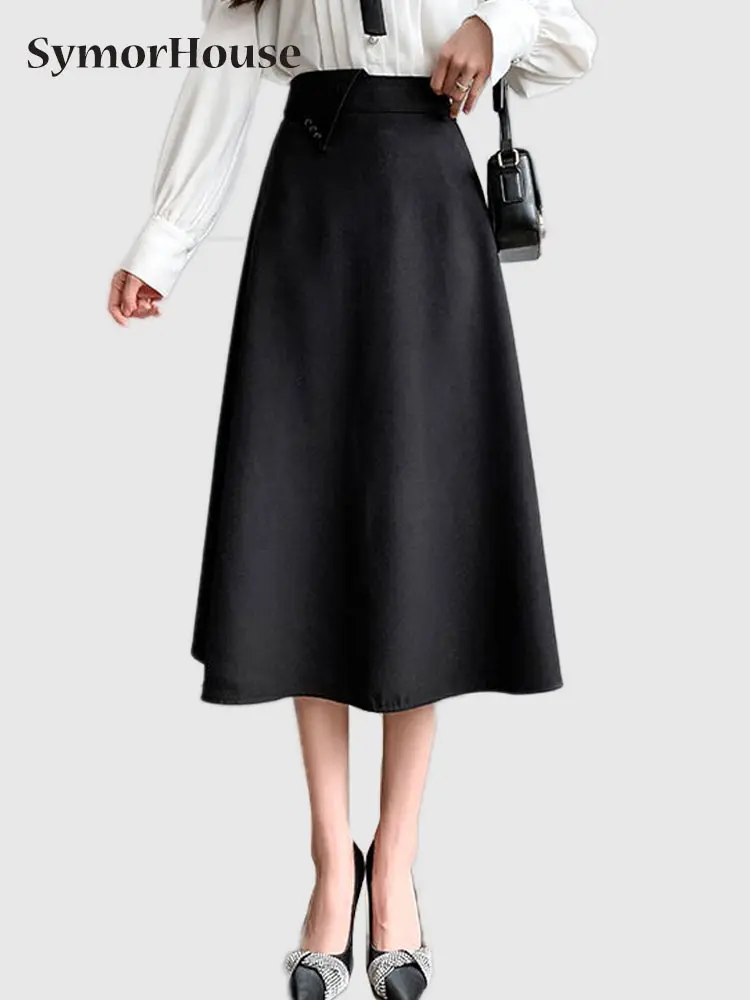 

New A-line Skirts Woman High Waist Casual Streetwear Work Wear Office Ladies Umbrella Midi Skirt Korean Style Faldas Femme OL