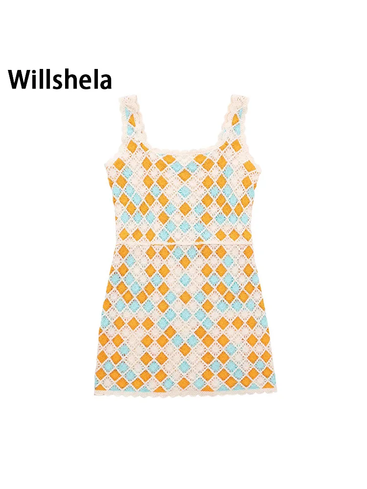 

Женское трикотажное мини-платье Willshela, винтажное платье на бретелях с квадратным воротником и принтом
