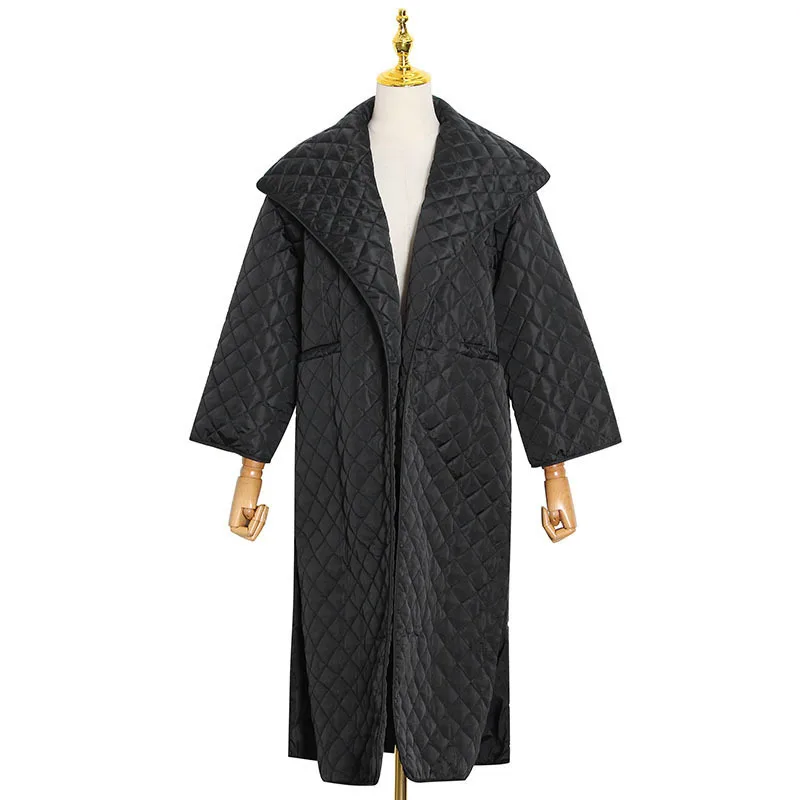 Black Patchwork Argyle Parkas for Women Lapel Long Sleeve Side Split Casual Loose Cotton Coat Female Fashion Winter