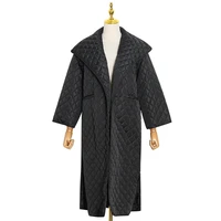 black patchwork argyle parkas for women lapel long sleeve side split casual loose cotton coat female fashion winter