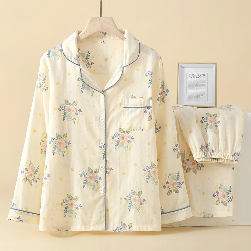 Женский пижамный комплект из чистого хлопка с принтом осенне-зимняя домашняя