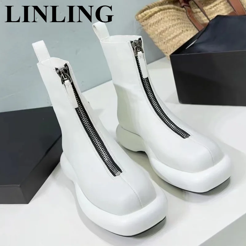 

Fashion Front Zipper Ankle Boots Women Real Leather Thick Sole Chelsea Boots Designer Round Toe Casual Shoes Motorcycle Boots