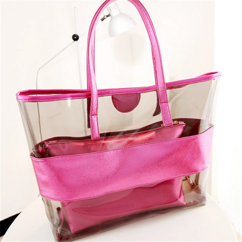Women Pvc Transparent Bag Jelly Clear Beach Bags Handbag Women Big Tote Shoulder Bag Luxury Female Shopping Bags Silver