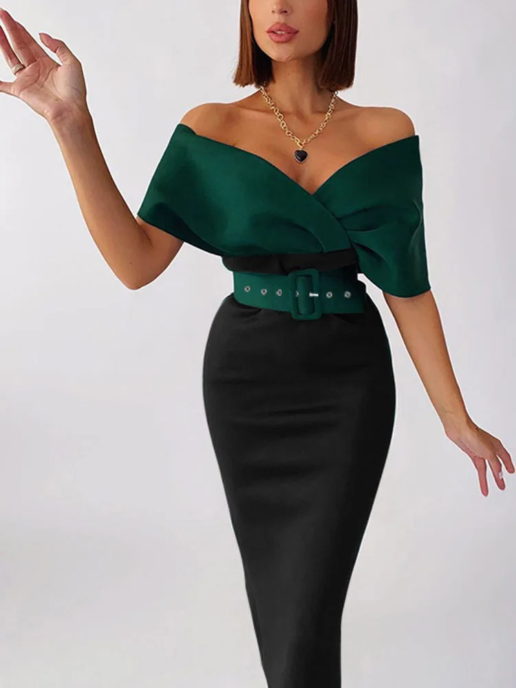 

2022 Summer Elegant Off-the-Shoulder Shawl Design Skinny Party Dress Fashion V-Neck Show Waist Belt Contrast Color Dress Vestido