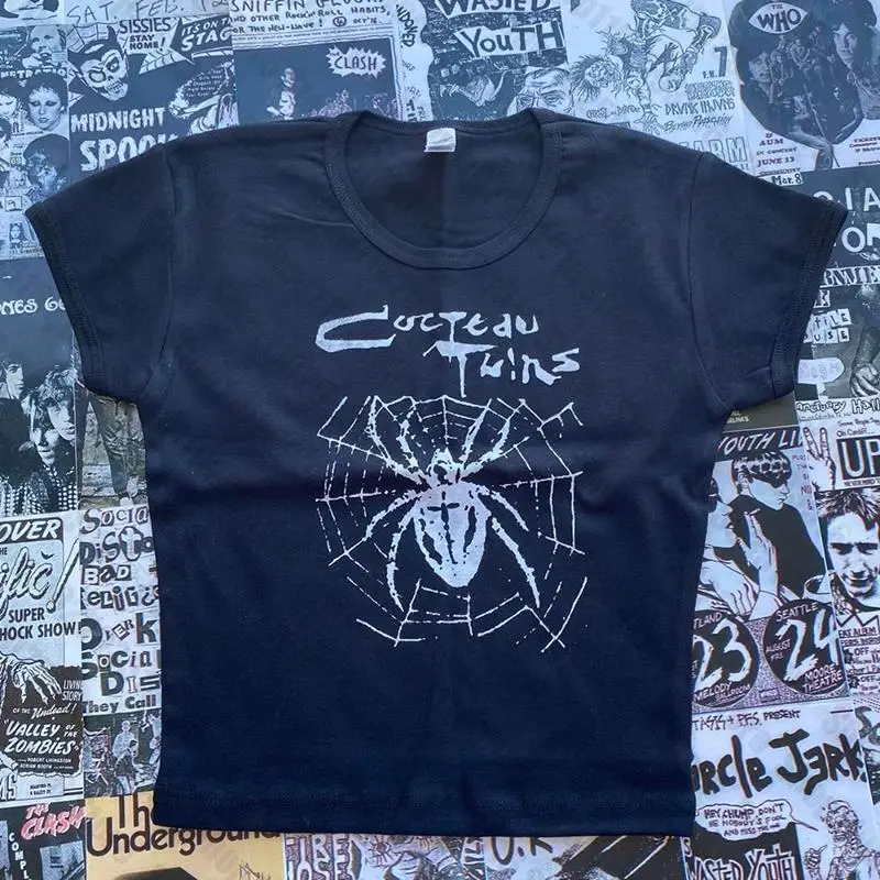Gothic Spider Web Print Streetwear Vintage Harajuku Punk Grunge Crop Top Casual Women's T-Shirt E-girl Baby Tee Slim Y2k Clothes