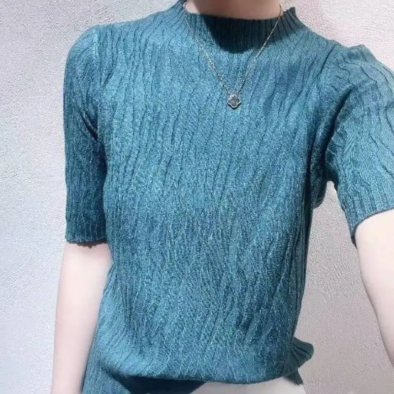 

2022 NEW FASHION WOMEN Half Turtleneck Solid Color Top Summer New Casual Short Sleeves