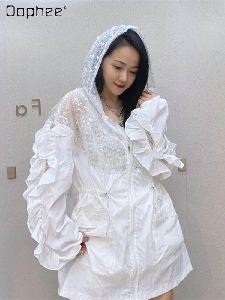 

Summer Woman Hooded Sequins White Trench Coat Elegant Women's Long Sleeve Slimming Tunics Mid-length Sun Protection Cardigan