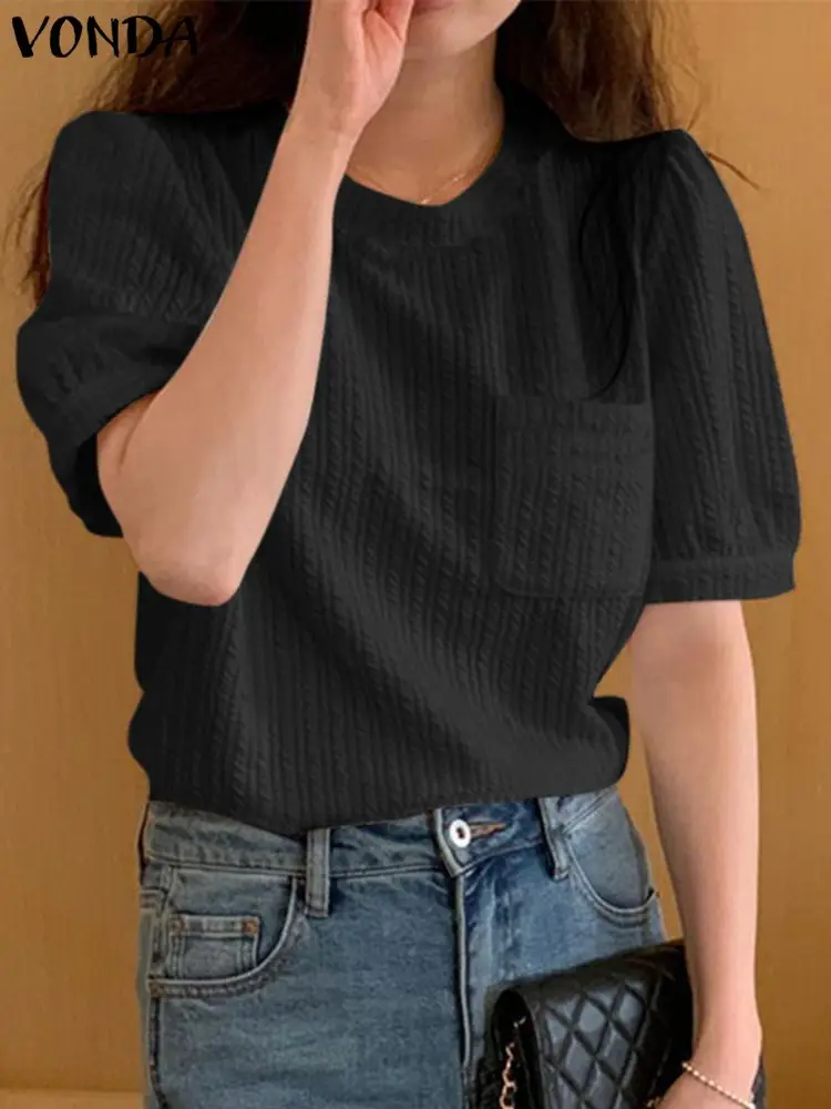 

Summer Women Elegant Tops 2023 VONDA Fashion Short Puff Sleeve Blouse Solid Color Casual Loose Shirts Round Neck Blusas Femme