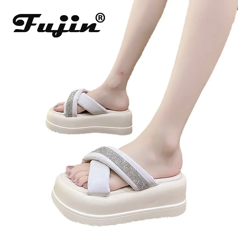 

Fujin 7.5cm High Quality Pu Leather Women Platform Slippers Wedge Flip Flop Bowtie Rhinestone Women Summer Shoes Sandals Slides