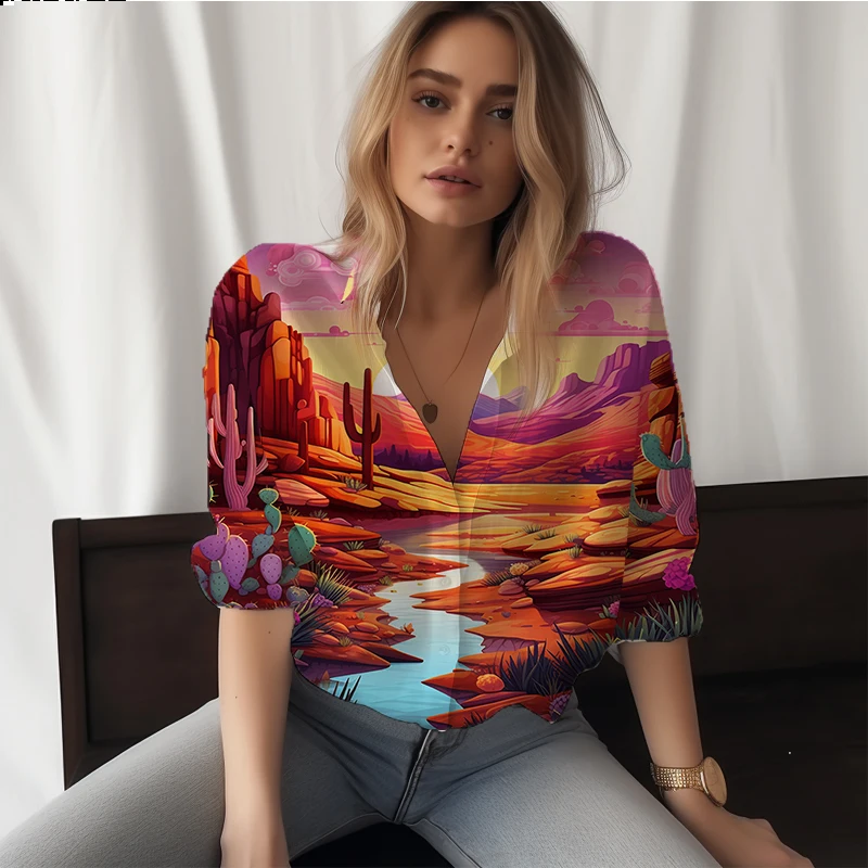 

Summer new lady shirt Desert landscape 3D printed lady shirt casual vacation style ladies shirt trend loose lady shirt
