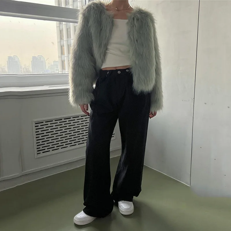 Winter Faux Fur Thick Warm Fur Coat Women's Korean Cardigan Round Neck Plush Coat Women's Long Sleeve Solid Color Coat