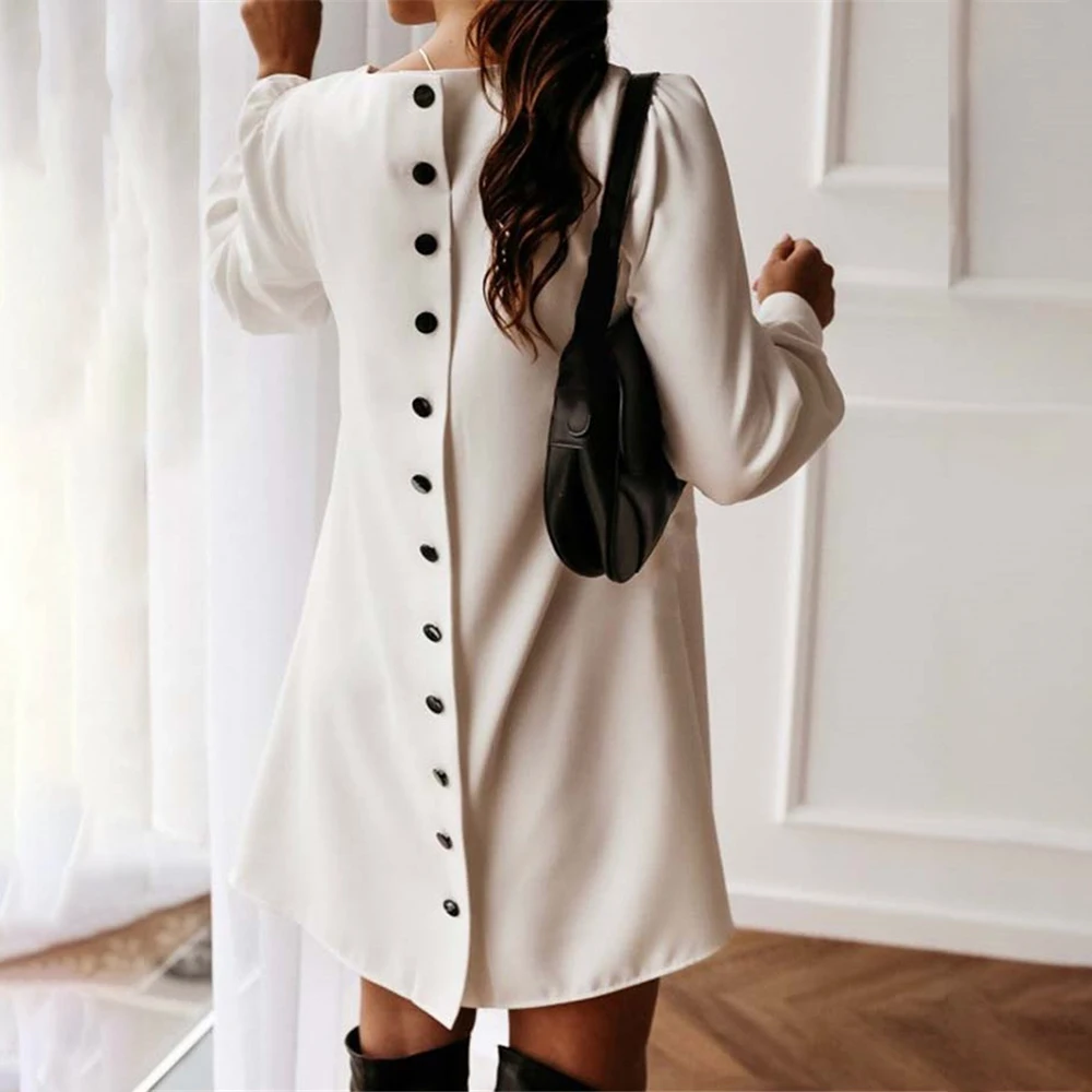 

Женское однотонное повседневное мини-платье с длинным рукавом, Элегантное Вечернее свободное платье с круглым вырезом и металлическими пуговицами, Длинный топ, весна-осень 2022