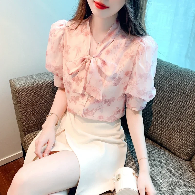 Летняя модная женская рубашка с коротким рукавом и воротником-бантом шифоновая