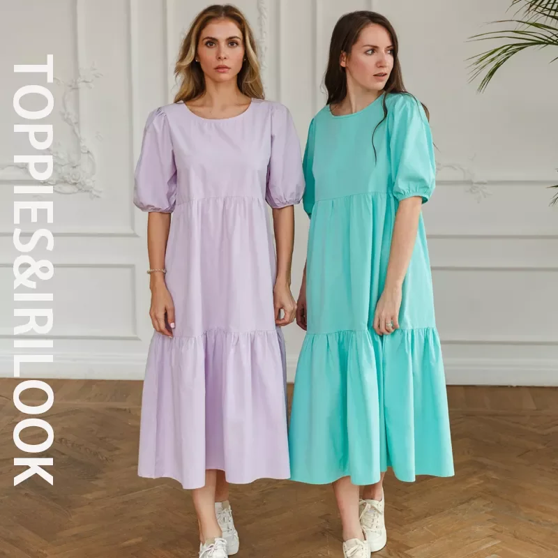 

Toppies White Cotton Puff Sleeve Dress Woman Summer Midi Dress Short Sleeve Cascading Ruffles Blouses Dress