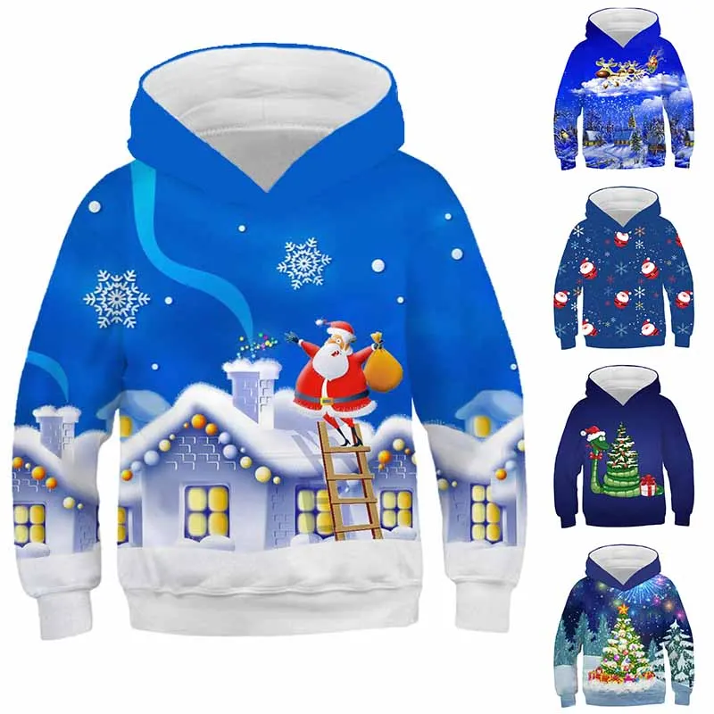 

Новинка 2023, пуловер с круглым вырезом на весну и осень, Детская Толстовка С Карманами, свитер для мальчиков, топы с 3D принтом, модные Рождеств...