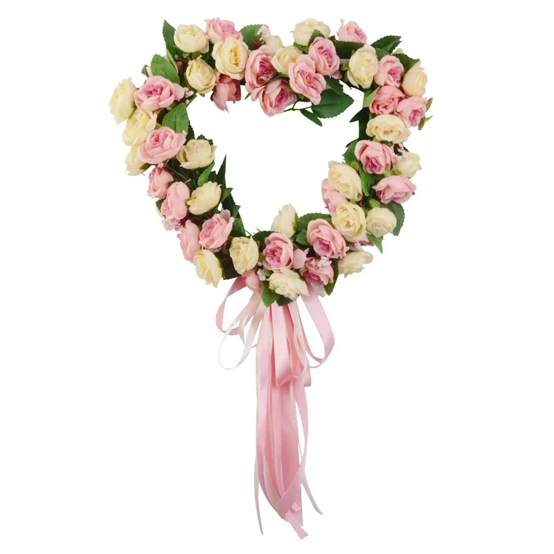 

Artificial Rose Flower Heart-Shaped Ribbon Door Hanging Wreath For Front Door Wall Window Wedding Party Home Decor