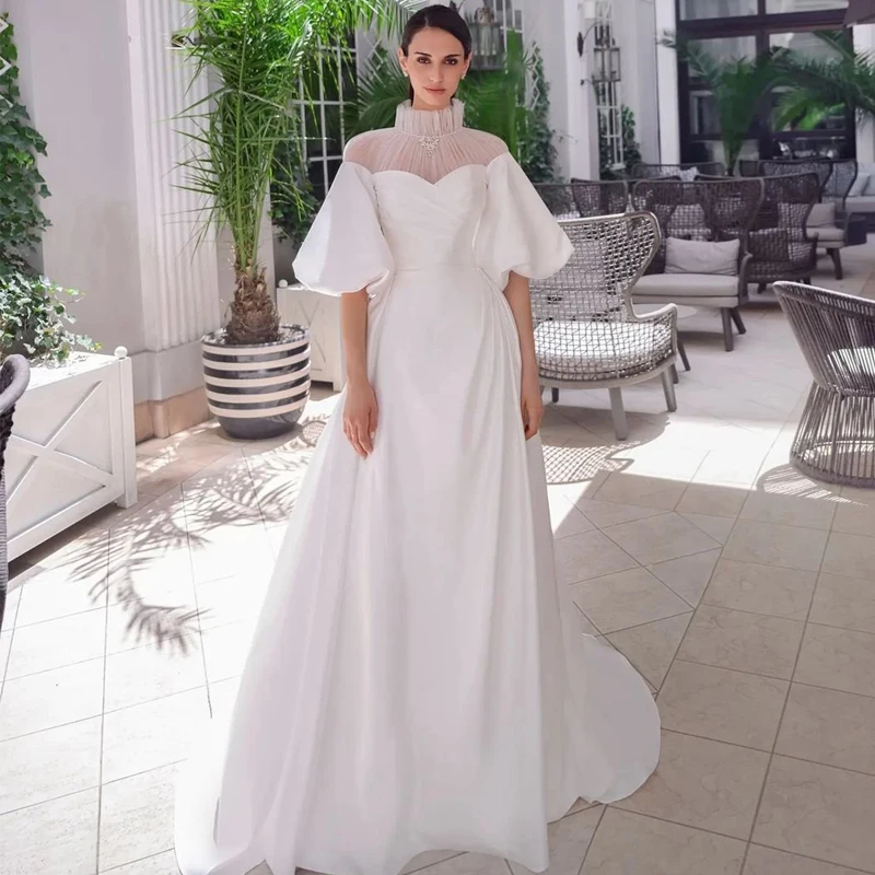

Eightree Sexy Wedding Dresses High Neck A-Line Bride Dress 2022 Short Sleeve Satin Princess Wedding Evening Ball Gowns Plus Size
