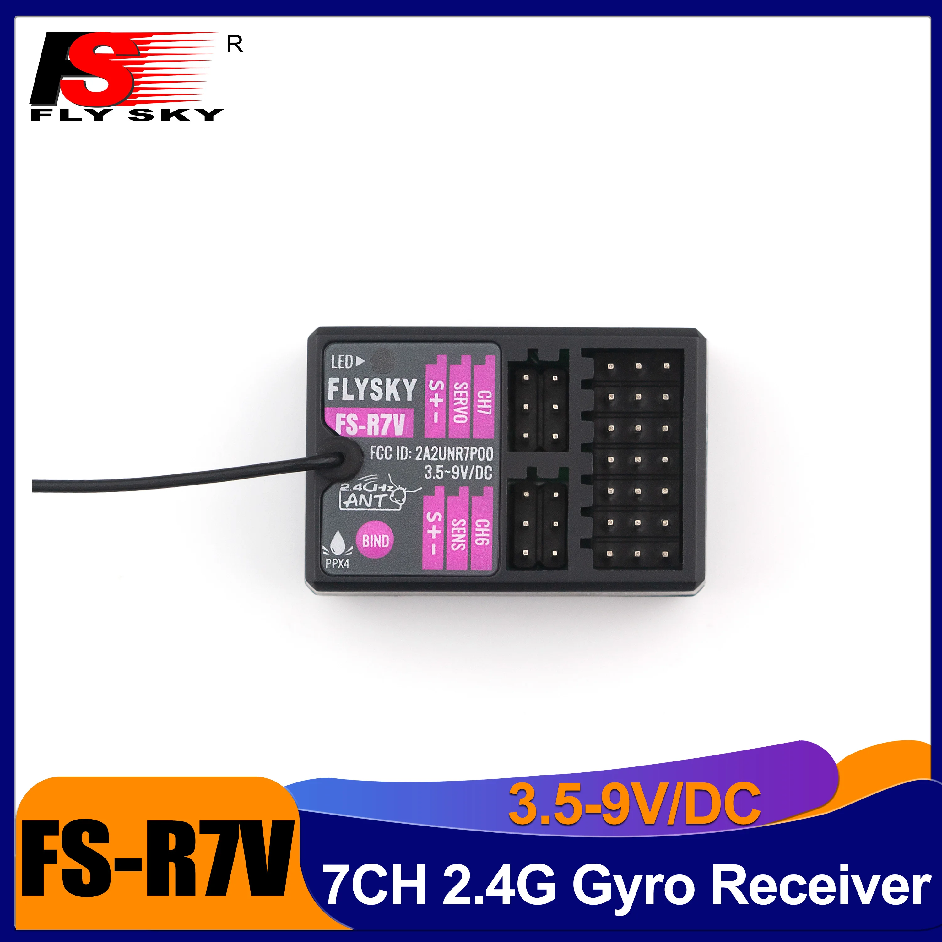 FLYSKY 7CH Gyro Receiver FS-R7V 2.4G 3.5 ~ 9V/DC ANT Single Antenna PWM for RC Model Cars Boats Transmitter FS-G7P Accessories