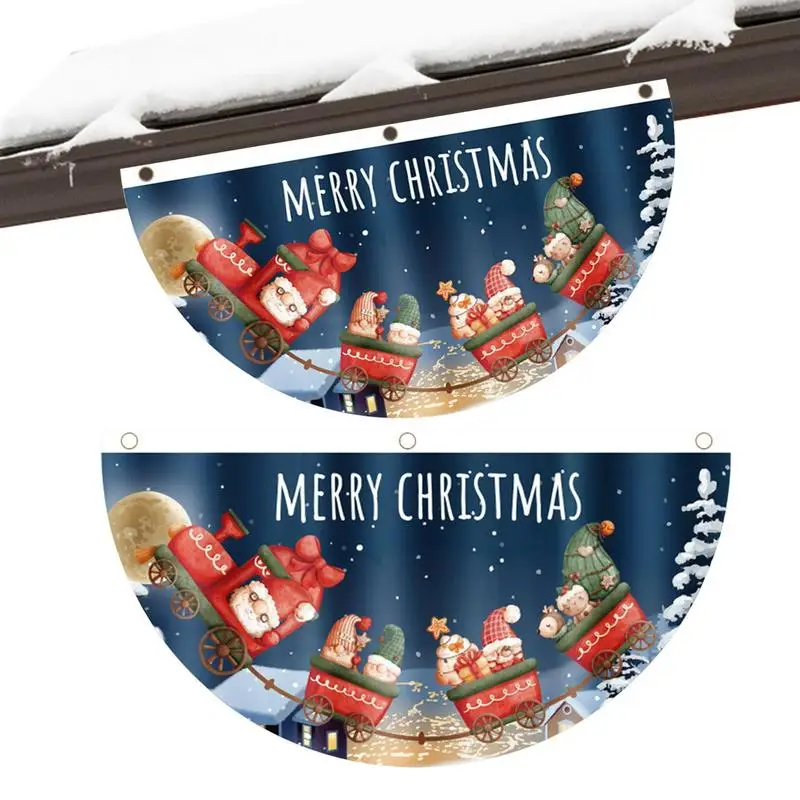 

Christmas Outdoor Fan-shaped Flag Merry Christmas Winter Flags With Grommets 2 Pieces Outdoor Bunting Christmas Half Fan Banner