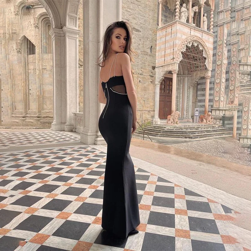 

Spaghetti Strap Pearls Black Bandage Dress Sexy Women's V NeckCelebrity Elegant Evening Club Fashion Party Outfits