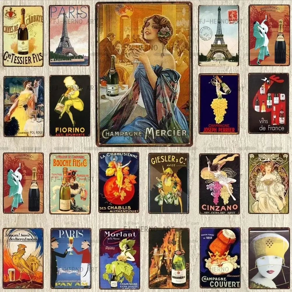 Винтажная табличка с павлиньими шампанскими металлическая винная жестяная