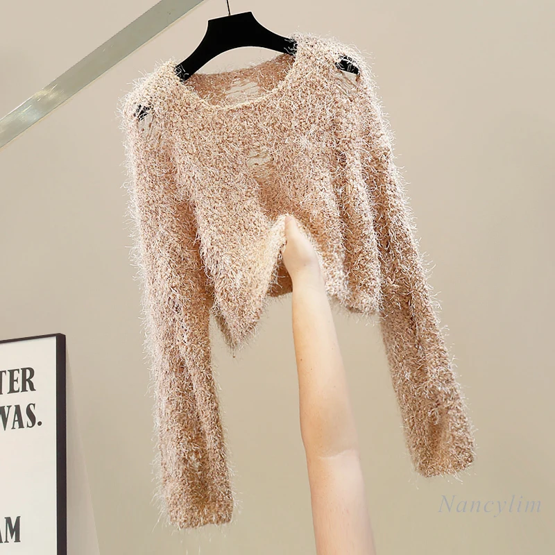 

Personalized Holes Thin Loose-Fitting Long Sleeve Thin Sweater Tshirt for Women Temperament Slimming Pullover Top Jumpers Femme