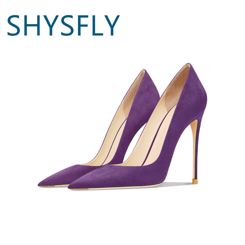 

SHYSFLY Genuine Leather Dress Black Suede Shoes Ladies Pointed Toes Stelletos Elegence High Heel Plus Size Women Pumps 10cm